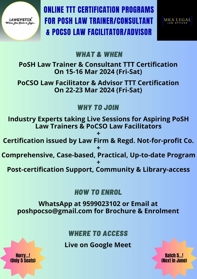 Batch 5 of PoSH Law ConsultantPoCSO Law TrainerCombined TTT Certification Program